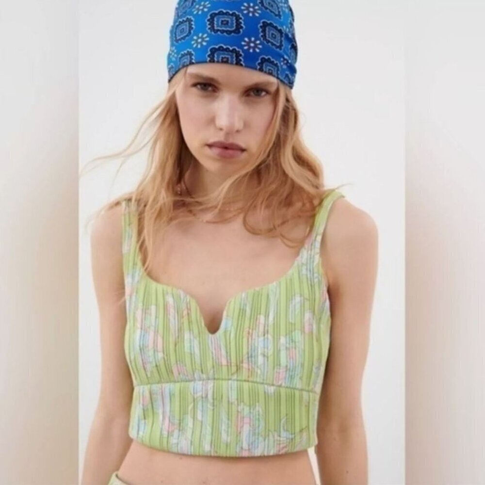 ZARA PRINTED PLEATED CROP TOP GREEN FLORAL NWT SIZE L 5039 617 541